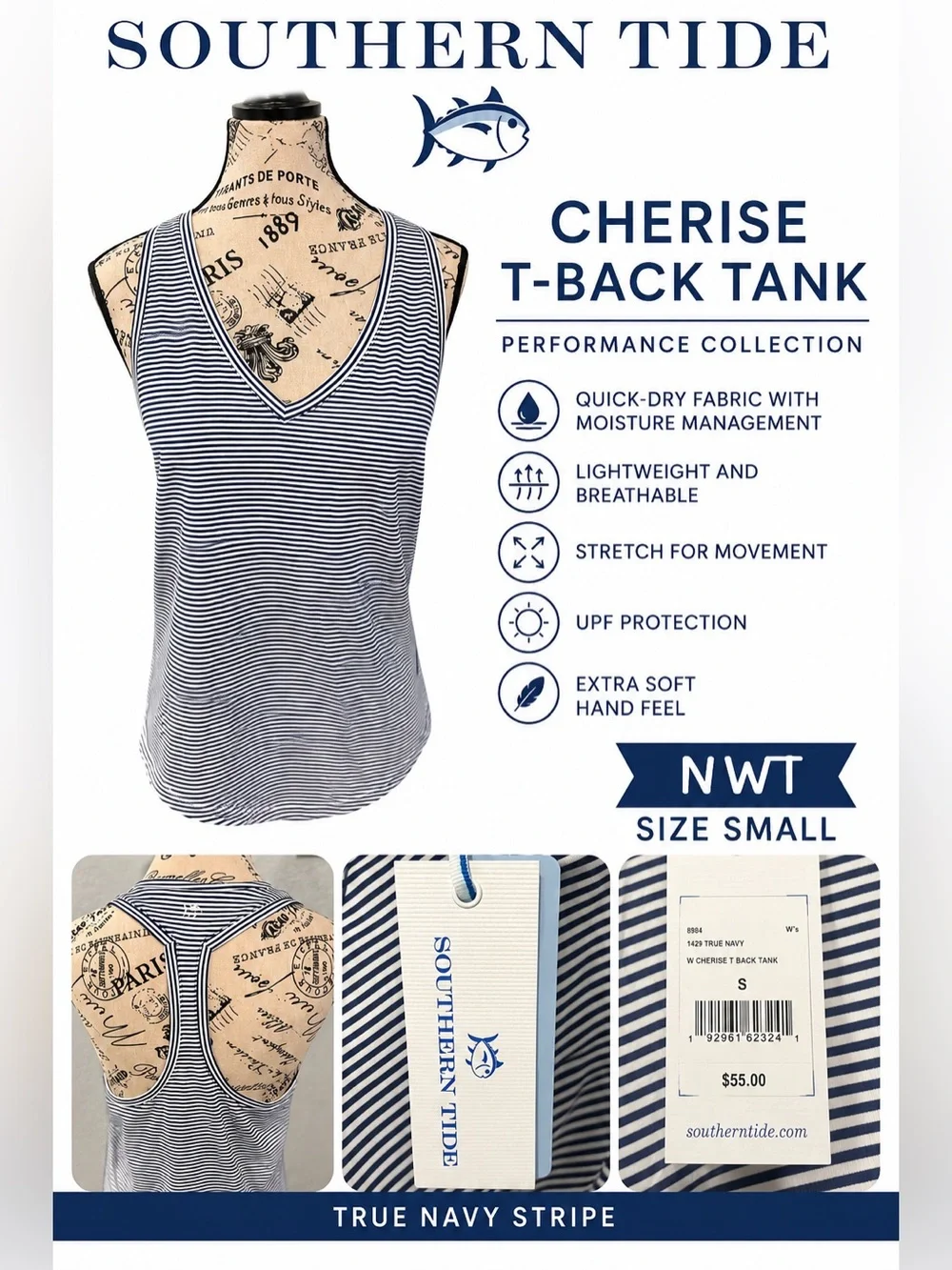 Southern Tide Cherise T-Back Performance Tank Top NWT Size Small Navy White - Picture 1 of 11